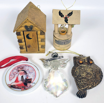 Lot of 5 Christmas Ornaments ~ Angel Owl Outhouse Wishing Well JC Penney 1998