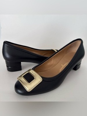 EUC Ferragamo Black Leather Gold Buckle Block Heel Pumps 6.5 US