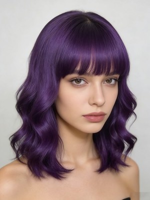 Purple Women's Wig Short Wavy Thick Full Bangs Synthetic Cosplay Wig New