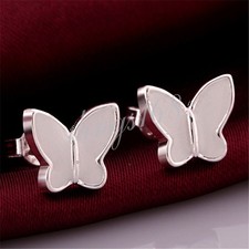 925Sterling Silver Hypoallergenic White Enamel Butterfly Stud Post Earrings J875