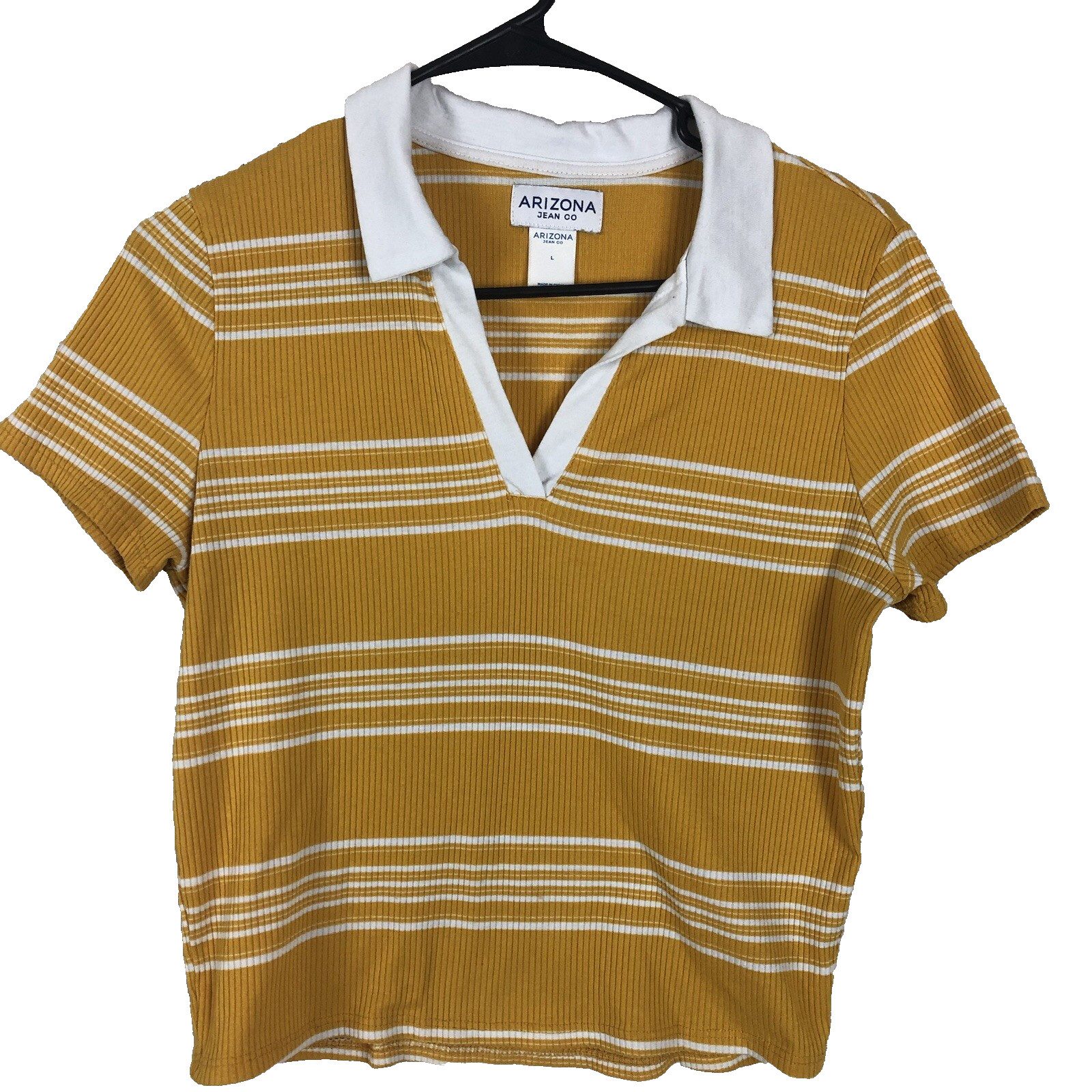 Arizona jean company shirt women’s large mustard white Striped collared cropped