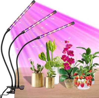 3-Head LED Grow Light, Full Spectrum Clip-On Lamp, Timer & Dimmable for Plants