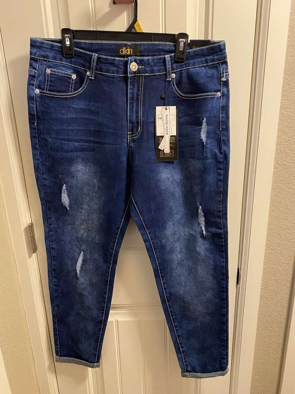 NWT Dkin Jeans 14 Ankle Skinny Leg Stretch Blue Denim Rhinestone Bling Pockets