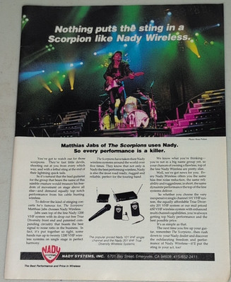 1992 Nady Vintage Print Ad Wireless Scorpions Matthias Jabs Rock Guitar Magazine