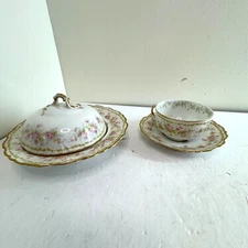 Vtg Elite Works Limoges France Pink White Floral Covered Dish and Cup Saucer Set
