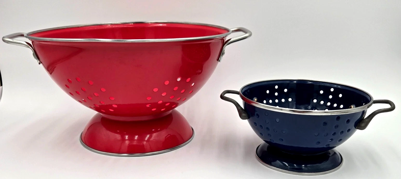 Vintage Enamel Colander Set Red Blue Pedestal Farmhouse Kitchen Decor Metal 2pc