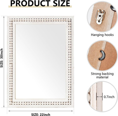 Farmhouse Boho Rectangular Mirror - White Distressed Wood Bead Frame - 30 x 22''