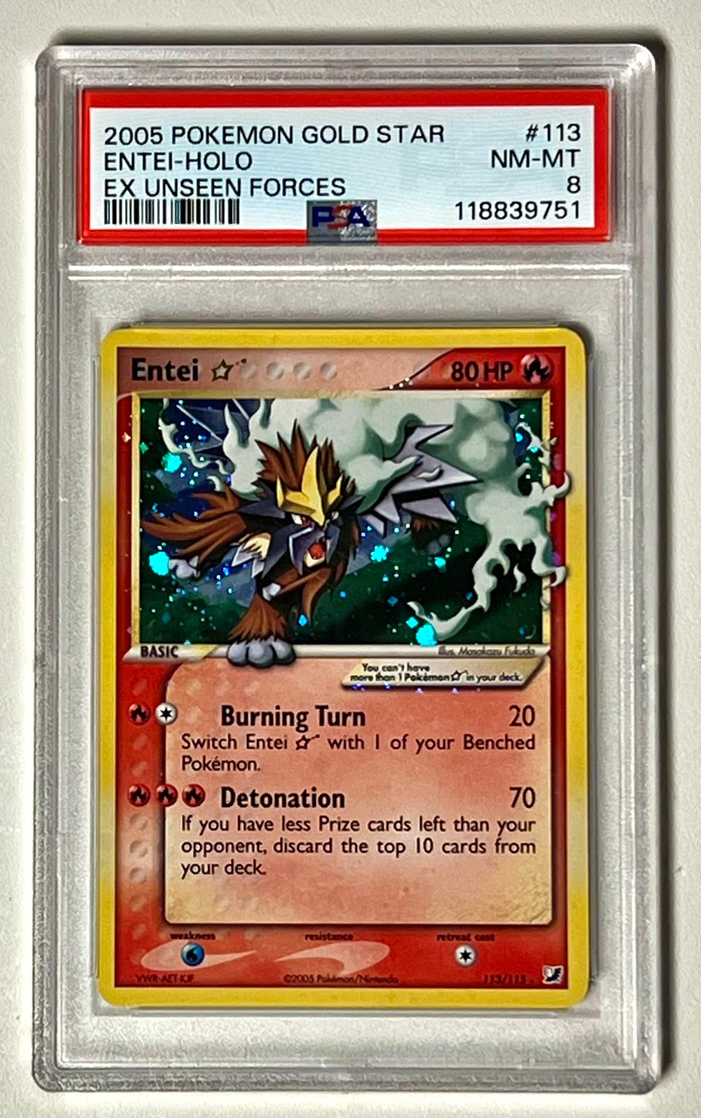 Entei Gold Star 113/115 Holo⭐ 2005 Pokémon EX Unseen Forces ⭐PSA 8 view 2