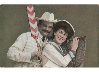 1908 antica cartolina coppia innamorati moda d'epoca vestito alla