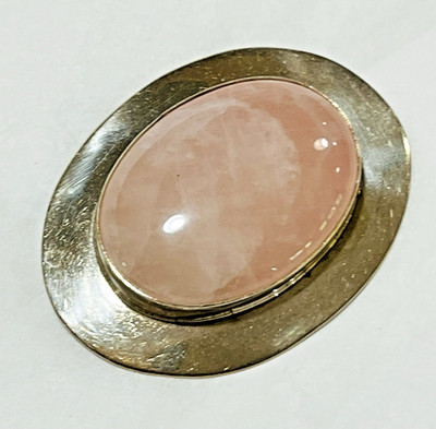 Minimalist Artisan Sterling Silver Rose Quartz Pin Large Oval Modernist Brooch