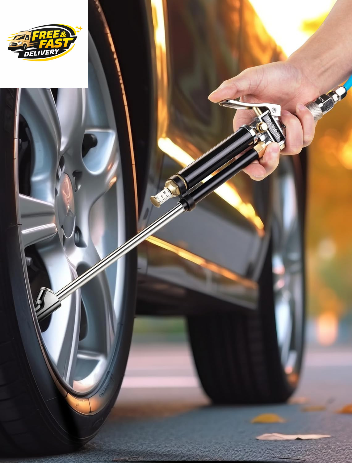 Heavy Duty Tire Inflator with Pressure Gauge, 16.5 Inch Extended Dual Head Air