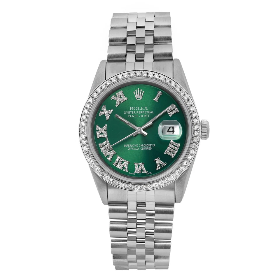 Rolex Datejust 36mm Jubilee Steel Green Custom Dial Bezel Mens Watch 16220