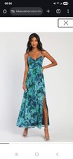 Lulu's Beautiful Soul Teal Green Floral Print Twist-Front Maxi Dress a-line (L)