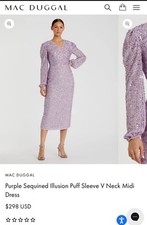 Mac Duggal 14 Sequined Illusion Puff Sleeve Midi V-Neck Sheath Dress Lavender