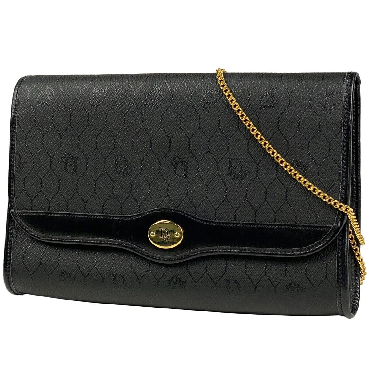 Pochette sac bandoulière Christian Dior en toile enduite noire nid d'abeille, design élégant