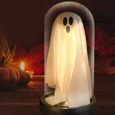 Light Up Ghost in Glass Cloche-Cute Ghost with Light for Home Kitchen Tabletop
