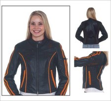 Women's Motorcycle Racer Genuine Leather Jacket Double Harley Orange Stripes