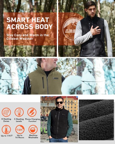 Fleece Heated Vest for Men w/ Battery Pack, Size Adjustable 8 Heat Zones Green - Picture 7 of 8