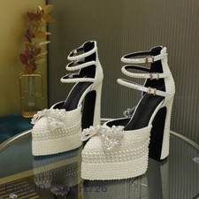 Women Faux Pearl High Heel Chunky Heel Platform Bow Sandals Wedding Bridal Shoes