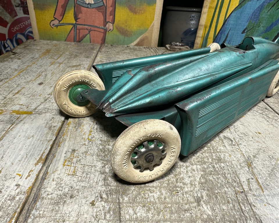 Antique Kingsbury Golden Arrow Race Car Tin Windup Toy RARE Green Paint