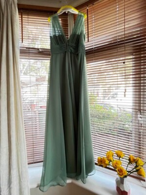 Sage green floor length V neck bridesmaid dress, sizes 8, 16, 16 - 3  available! | eBay UK