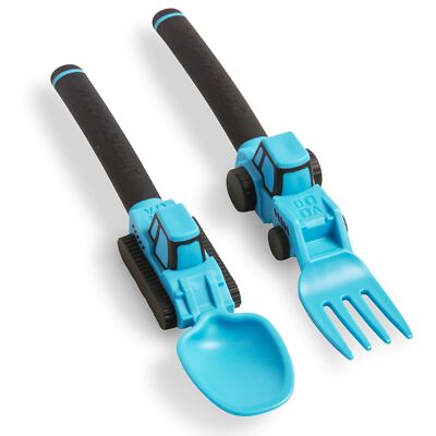 Dinneractive Utensil Set for Kids   Construction Themed Fork and Spoon Blue