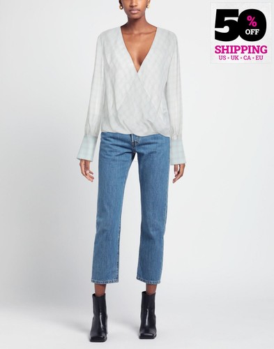 RRP €290 EMPORIO ARMANI Blouse IT38 US2 UK6 XS Blue Checked Long Sleeves V-Neck