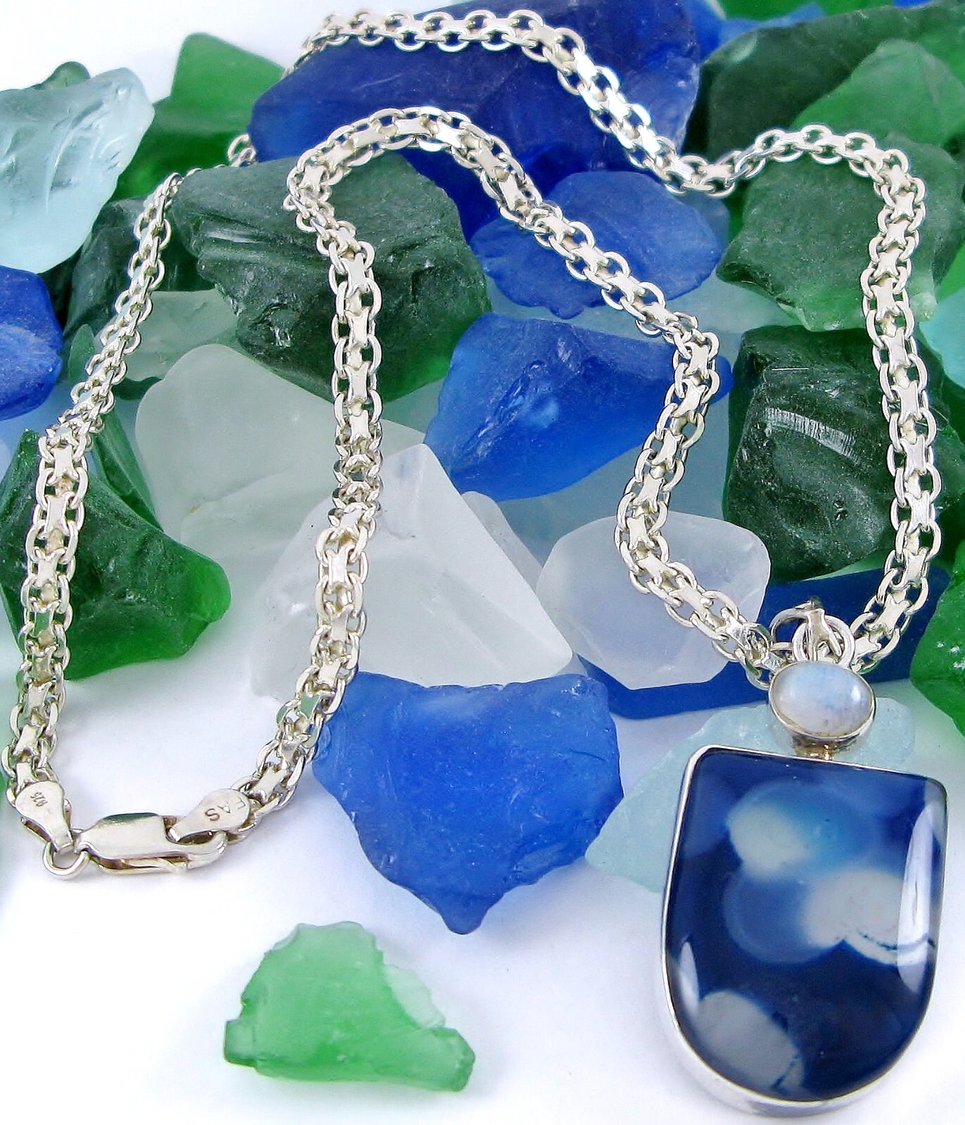 Solid Sterling Silver 925 Blue Agate Stone 18" Ne… - image 7