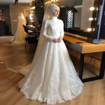 muslim princess wedding dress Luxury Muslim Arabic Wedding Dresses Long Sleeve Full Lace 3D Floral B   LiveTrendsX
