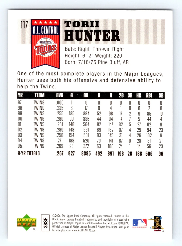 2006 Upper Deck First Pitch #117 Torii Hunter Minnesota Twins - Image 2 of 2
