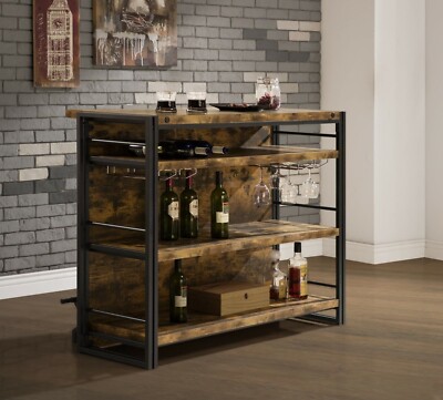 Modern Home Bar Table Wood Metal Wine Cabinet Storage Unit Brown Coaster 130071