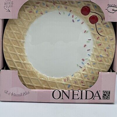 ONEIDA 4 pc Waffle Cone “WE ALL SCREAM FOR ICE CREAM” 8 Plates Cherries