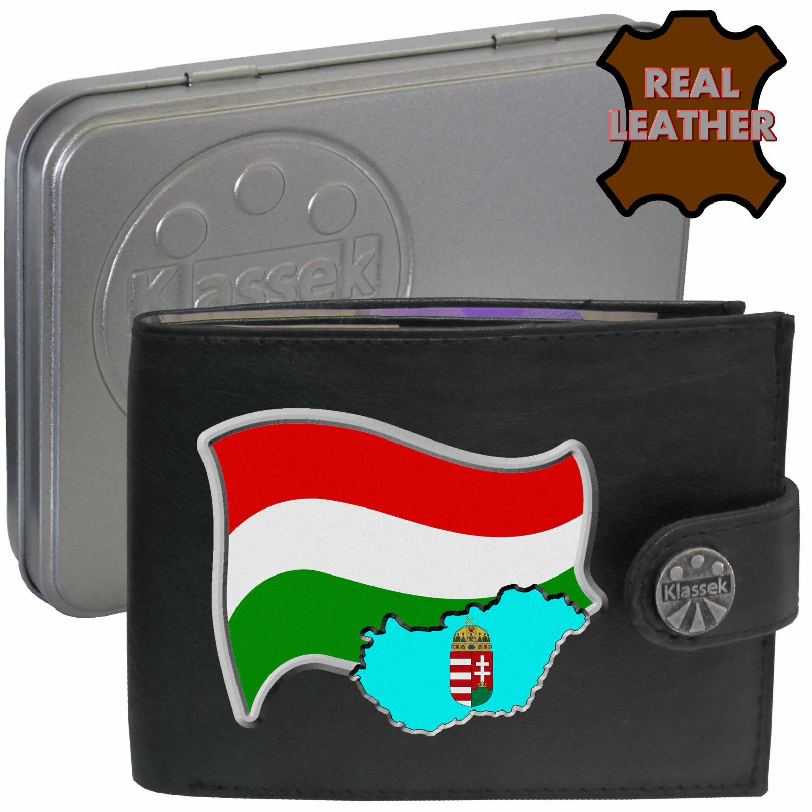 Hungary Hungarian Wallet Soft Real Leather with Flag Map Emblem Gift Tin RFID