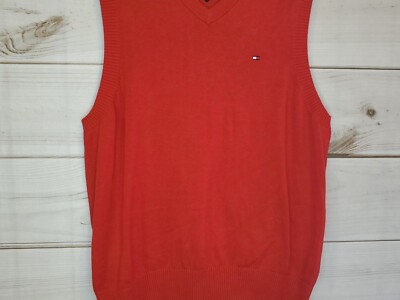 Tommy Hilfiger Vest Red Sweater Sleeveless Logo V-Neck Mens M Classic 90s Style