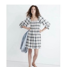 Madewell Lucie Elbow-Sleeve Smocked Mini Dress Large Women’s Lebaum Plaid ND174
