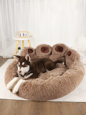 Plush Paw Dog Bed Small Medium Large Washable Calming Puppy Cat Cushion Brown