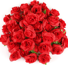 50Pcs Red Roses Artificial Flowers Bulk, 1.6" Small Silk Fake Roses