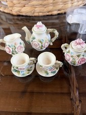 Miniature Floral Tea Set, 7 Piece, Porcelain, Rose, Antique Toy Decorative