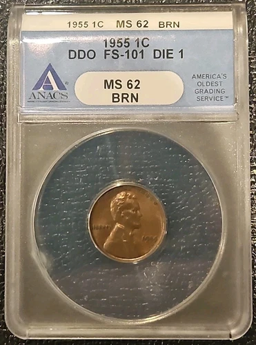 1955 LINCOLN WHEAT CENT DOUBLED DIE ANACS MS62 BRN DDO FS-101 DIE 1 DOUBLE 1C