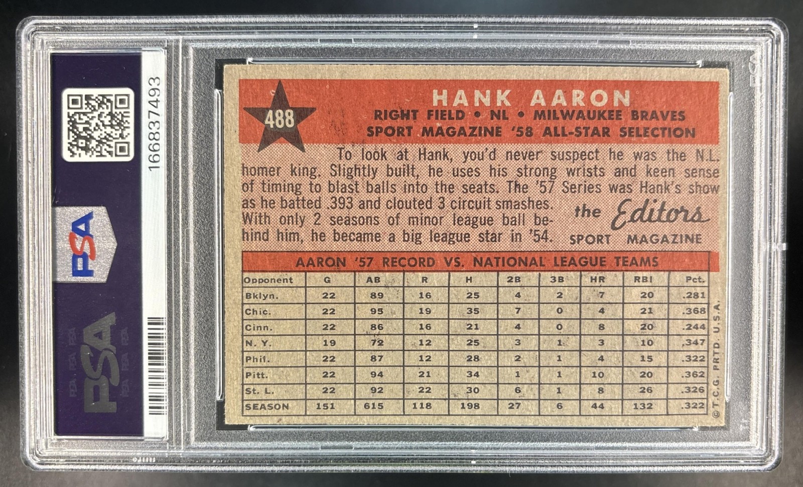 Hank Aaron 1958 Topps Baseball #488 All-Star PSA 4 Milwaukee Braves ES5 view 2