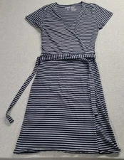 Pact 100% Organic Cotton Sustainable Tulip Wrap Dress XS Navy White Striped 