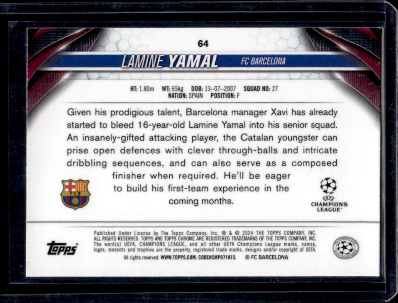 2023-24 Topps Chrome UEFA Lamine Yamal RC Rookie #64 Barcelona view 2