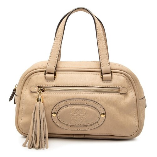 LOEWE Anagram Tassel Beige Leather Handbag Gold Tone Zip Women's Auth