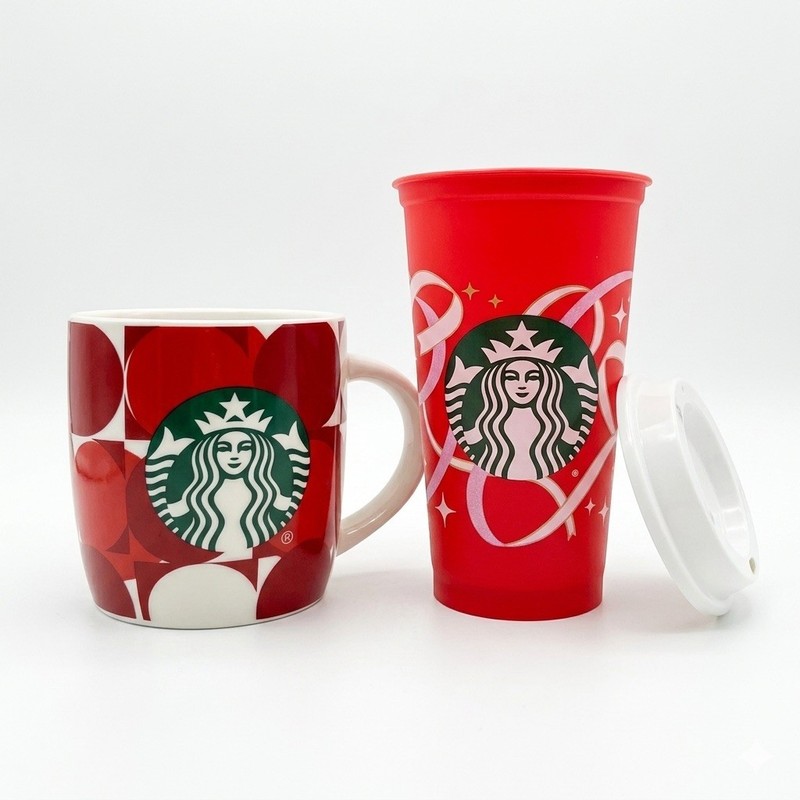 Starbucks Holiday Mug & Reusable Cup Lot 50 Years of Coffee Joy Red Polka Dot