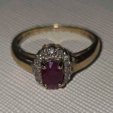 9ct Yellow Gold Oval Ruby & Diamond Halo Ring Size N 2mm Band