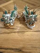 Pair Of Antique Chinese Porcelain Foo Dogs Gold Luster Wealth Attracting Dragons