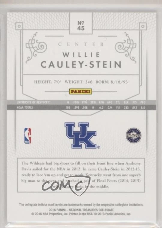 2016 Panini National Treasures Collegiate Red /49 Willie Cauley-Stein #45 - Image 2 of 2