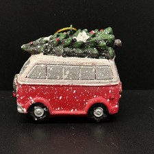 Red Van With Christmas Tree On A Snowy Day, Christmas Ornament, Resin