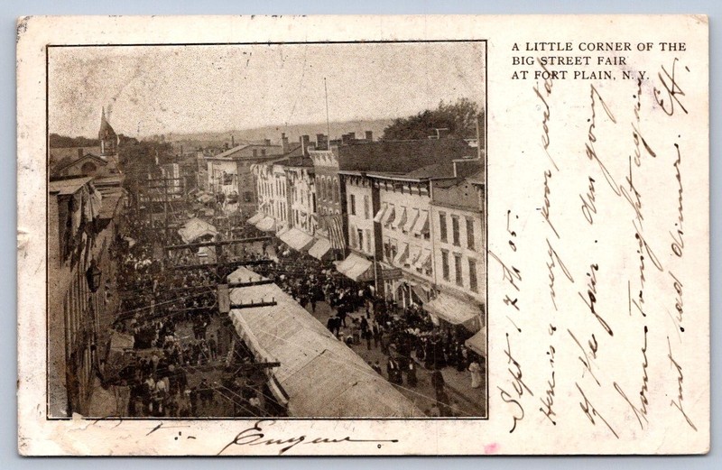 K64/ Fort Plain New York Postcard c1910 Street Fair Crowd Stores 40