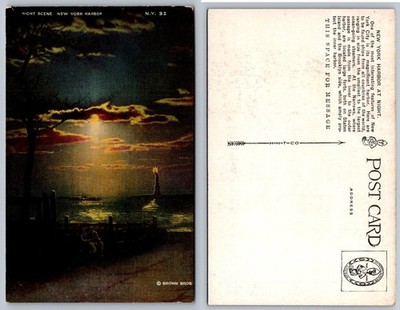 Vintage Night Scene Postcard New York Harbor Statue of Liberty Brown Bros
